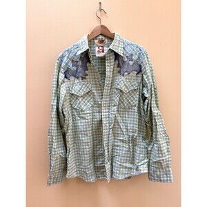 Apartment Mens Large Cowboy Western Plaid Snap Shirt White Floral Long Sleeve